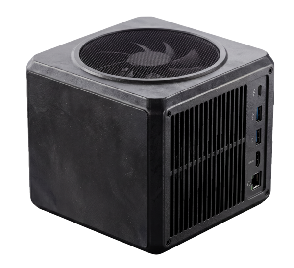 The Memo Box — a compact AI device with a top fan, side ventilation, and ports for Thunderbolt, USB, HDMI, and Ethernet